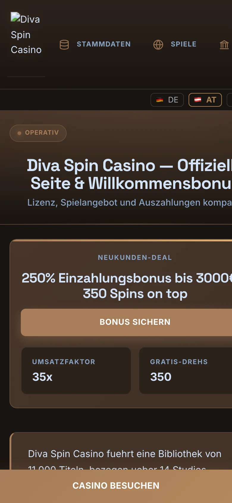 Diva Spin Casino mobile lobby screenshot
