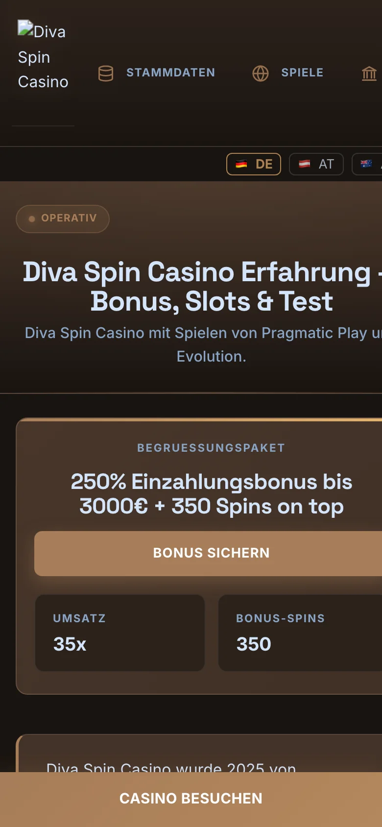 Diva Spin Casino mobile lobby screenshot