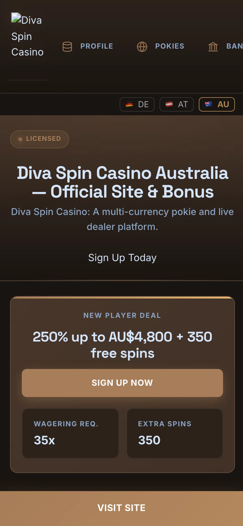 Diva Spin Casino mobile lobby screenshot
